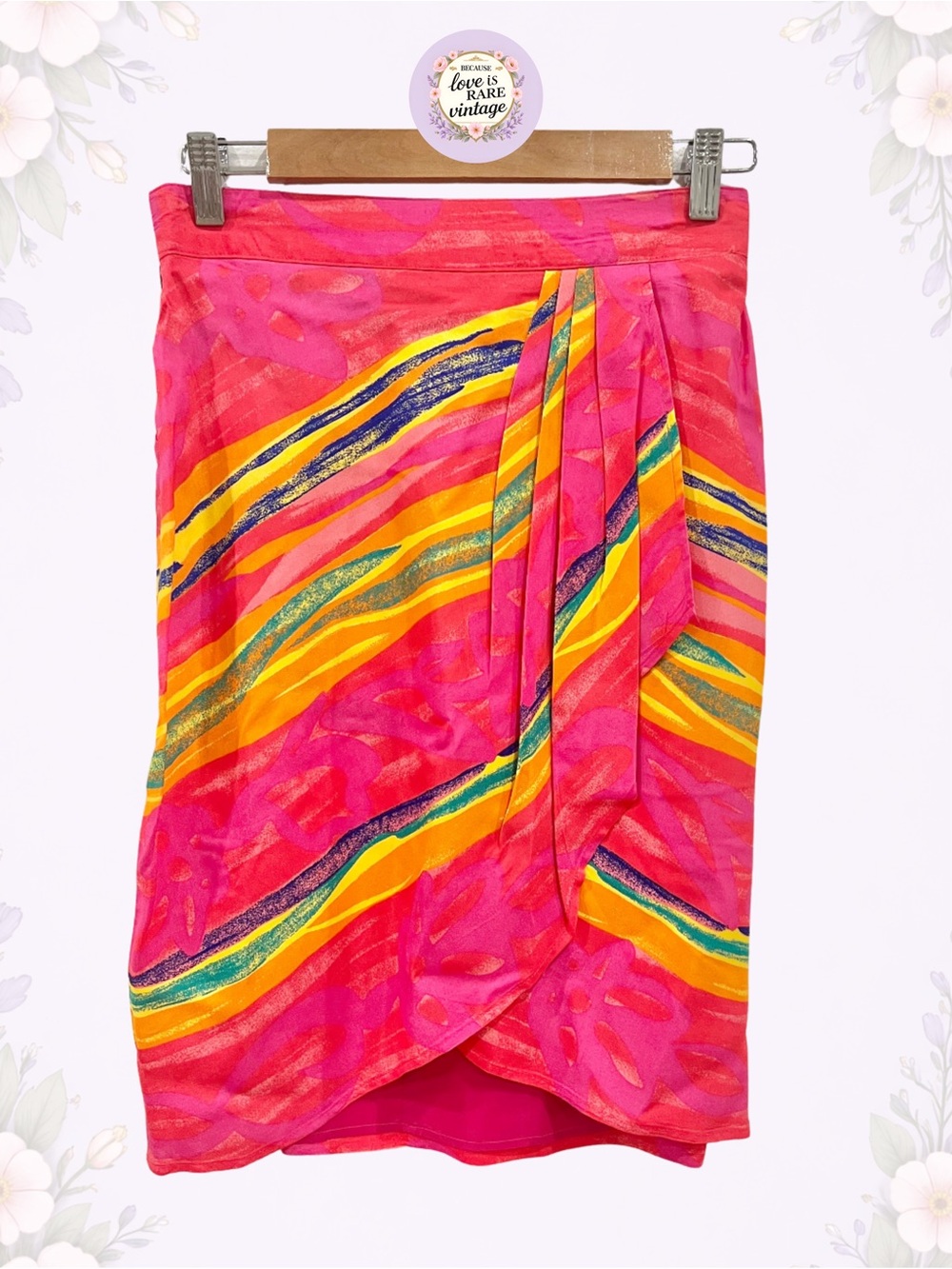 Vintage USA Wrap Skirt with a Multicolor Abstract Print • 1980s Hot Pink Midi